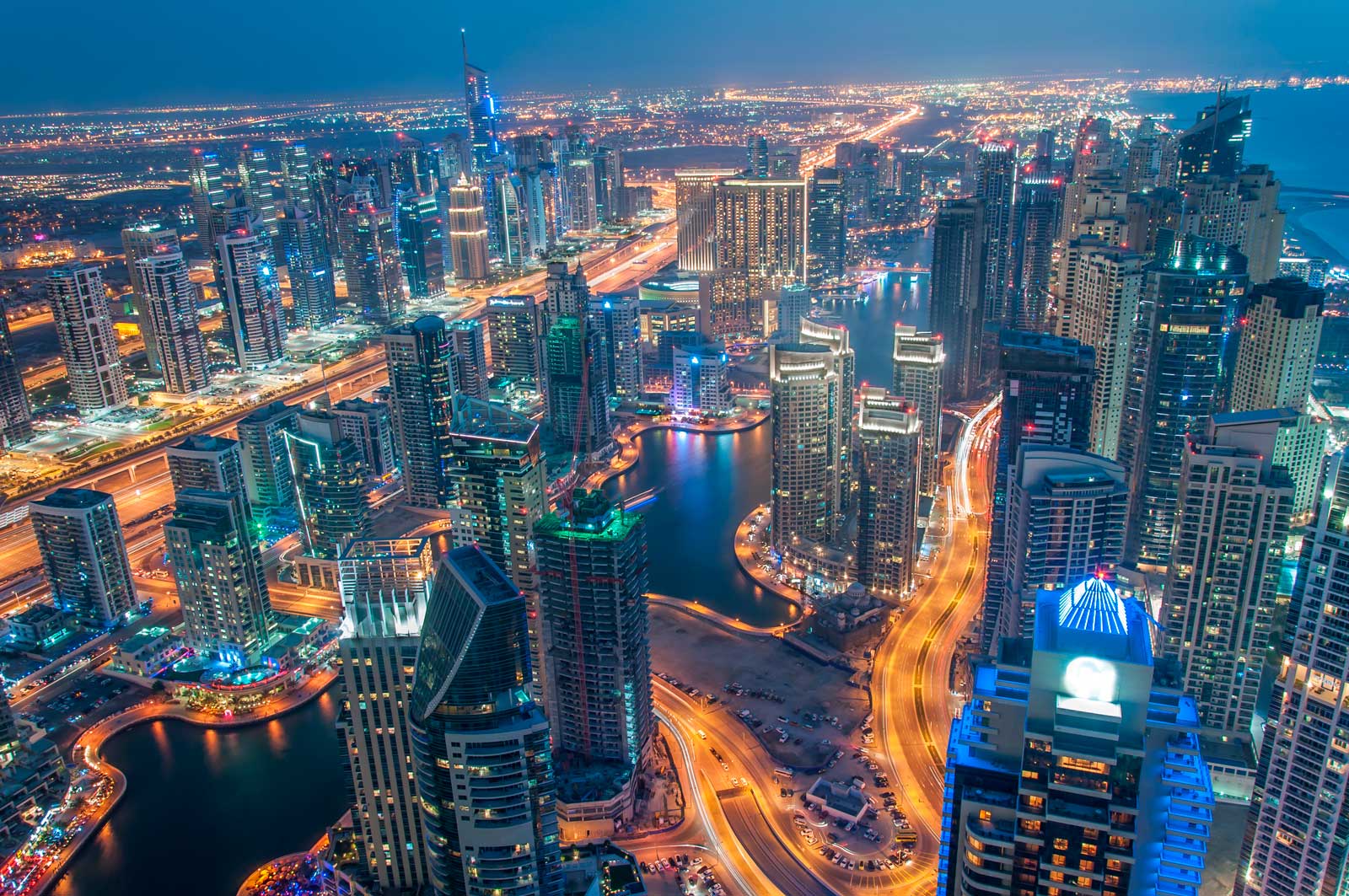 dubai night drone view